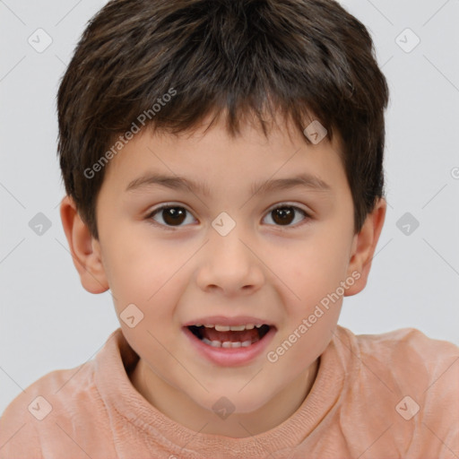 Joyful white child male with short  brown hair and brown eyes