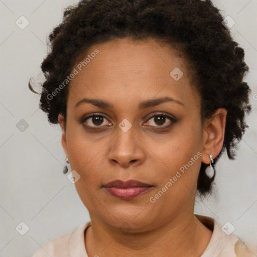 Neutral black adult female with short  brown hair and brown eyes