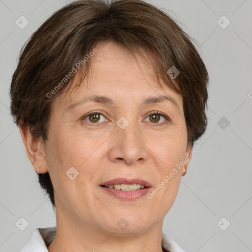 Joyful white adult female with short  brown hair and brown eyes