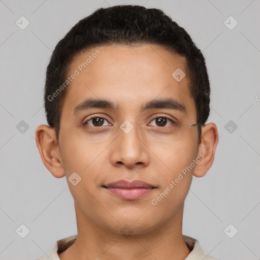 Neutral latino young-adult male with short  black hair and brown eyes