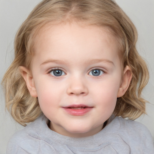 Neutral white child female with medium  brown hair and blue eyes