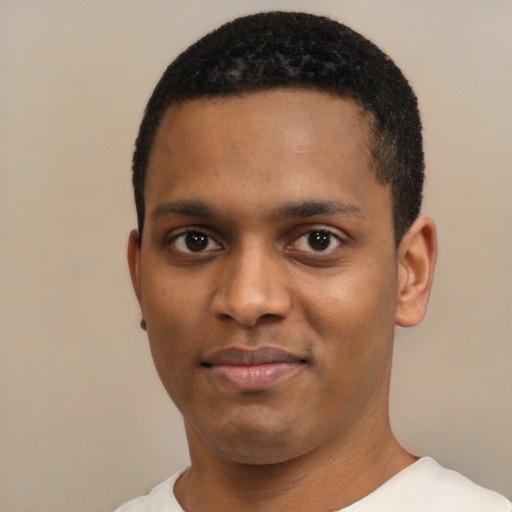 Neutral black young-adult male with short  black hair and brown eyes