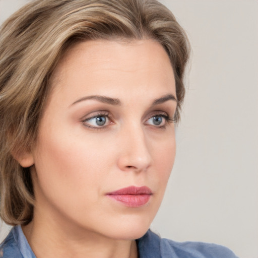 Neutral white young-adult female with medium  brown hair and grey eyes