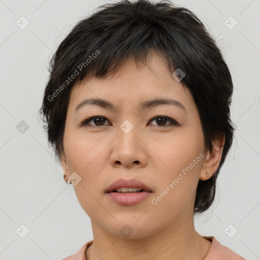 Neutral asian young-adult female with short  brown hair and brown eyes