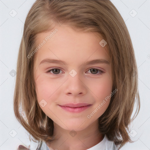 Joyful white child female with medium  brown hair and brown eyes