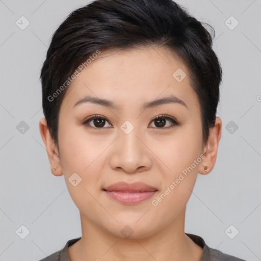 Joyful asian young-adult female with short  brown hair and brown eyes