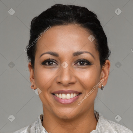 Joyful latino young-adult female with short  black hair and brown eyes