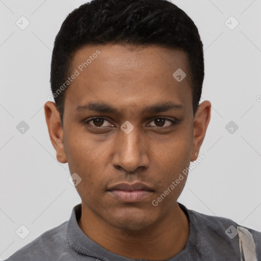 Neutral black young-adult male with short  black hair and brown eyes