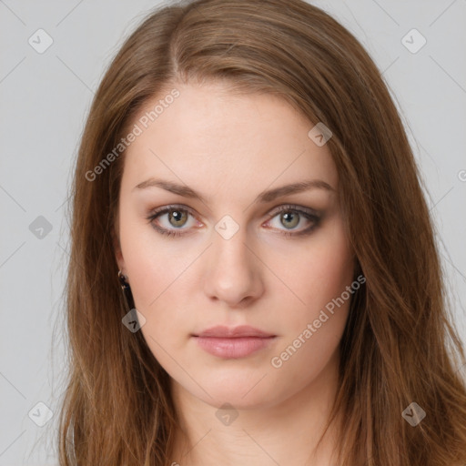 Neutral white young-adult female with long  brown hair and brown eyes