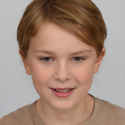 Joyful white child female with short  brown hair and brown eyes