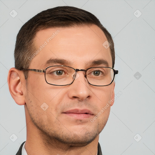 Neutral white young-adult male with short  brown hair and grey eyes