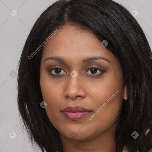 Joyful asian young-adult female with long  brown hair and brown eyes