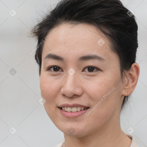 Joyful white young-adult female with medium  brown hair and brown eyes