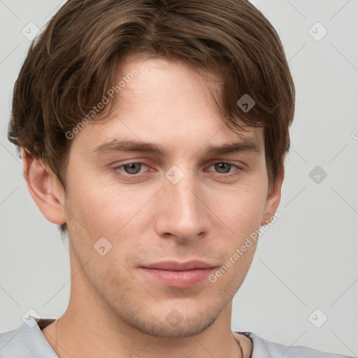 Neutral white young-adult male with short  brown hair and grey eyes