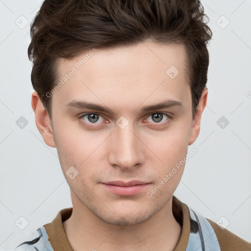 Neutral white young-adult male with short  brown hair and grey eyes