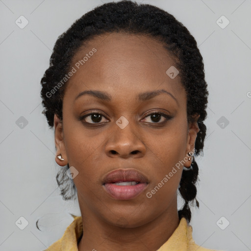 Neutral black young-adult female with short  brown hair and brown eyes