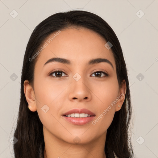 Joyful white young-adult female with long  brown hair and brown eyes