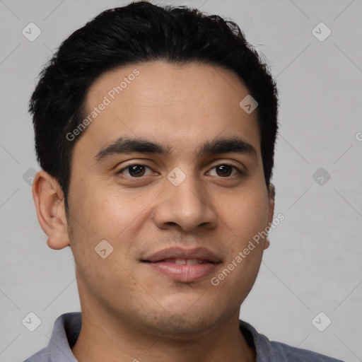 Joyful latino young-adult male with short  black hair and brown eyes