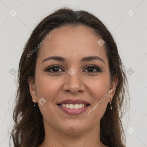 Joyful white young-adult female with long  brown hair and brown eyes