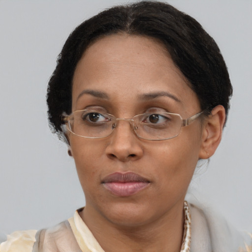 Joyful latino adult female with short  brown hair and brown eyes