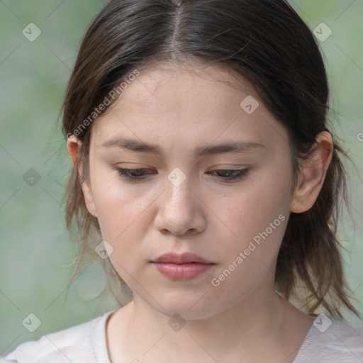 Neutral white young-adult female with medium  brown hair and brown eyes