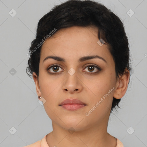 Neutral latino young-adult female with short  brown hair and brown eyes