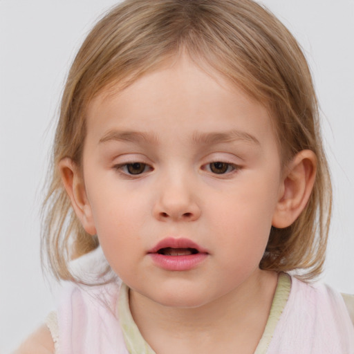Neutral white child female with medium  brown hair and blue eyes