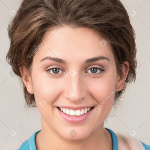 Joyful white young-adult female with medium  brown hair and blue eyes