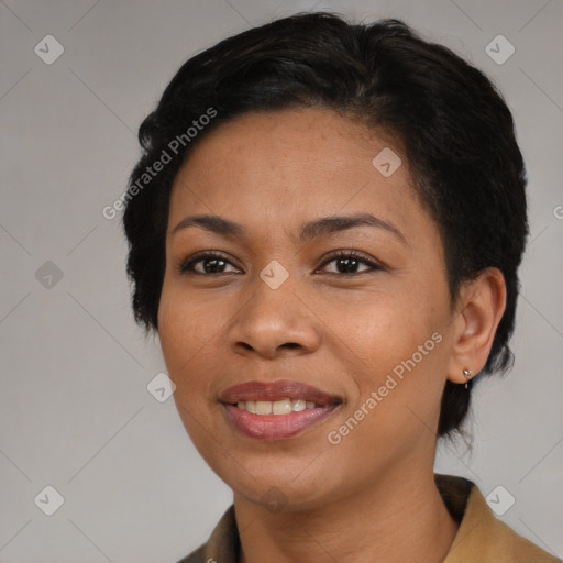 Joyful black young-adult female with medium  brown hair and brown eyes