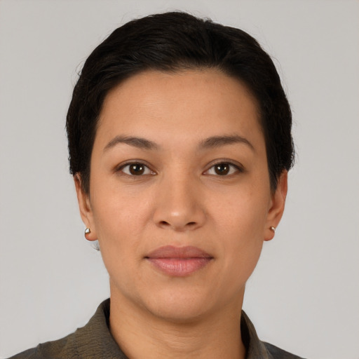 Neutral latino young-adult female with short  black hair and brown eyes
