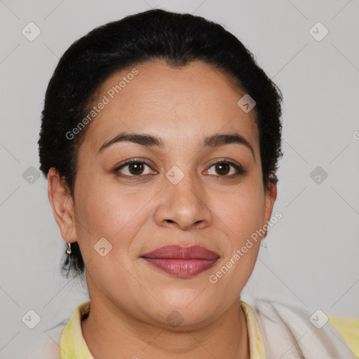 Joyful latino young-adult female with short  brown hair and brown eyes