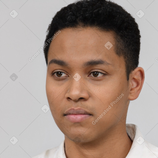 Neutral latino young-adult male with short  black hair and brown eyes