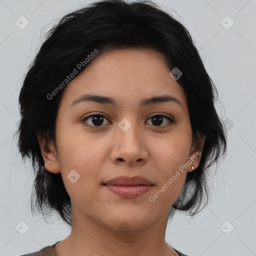 Joyful asian young-adult female with medium  black hair and brown eyes