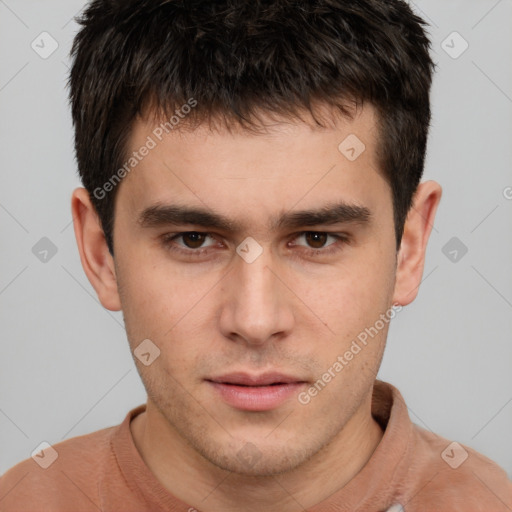 Neutral white young-adult male with short  brown hair and brown eyes