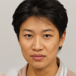 Joyful asian adult female with short  brown hair and brown eyes