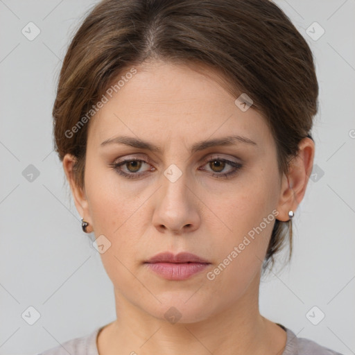 Neutral white young-adult female with short  brown hair and brown eyes