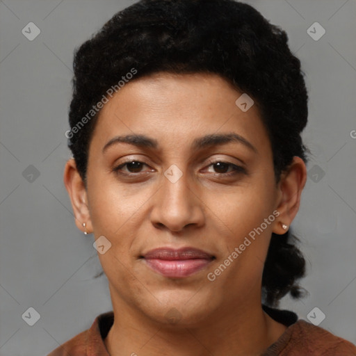 Joyful latino young-adult female with short  brown hair and brown eyes