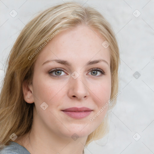 Joyful white young-adult female with medium  brown hair and blue eyes