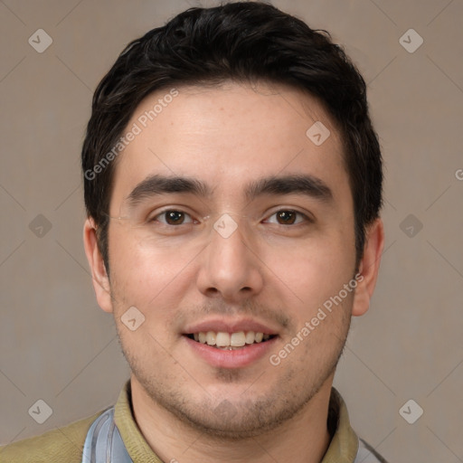 Joyful white young-adult male with short  brown hair and brown eyes