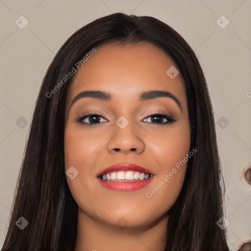 Joyful latino young-adult female with long  black hair and brown eyes