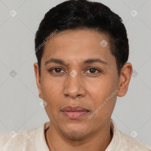 Neutral latino adult male with short  black hair and brown eyes