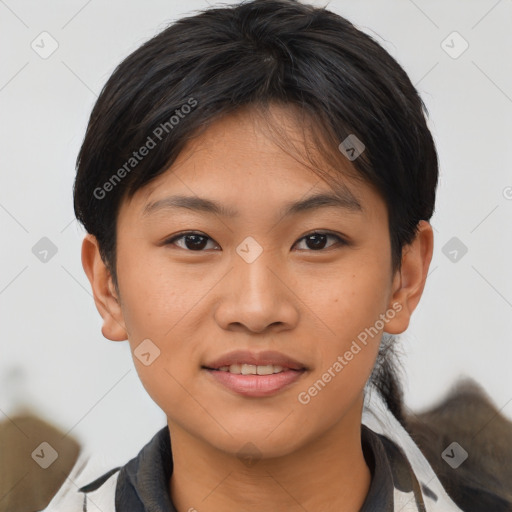 Joyful asian young-adult female with short  black hair and brown eyes