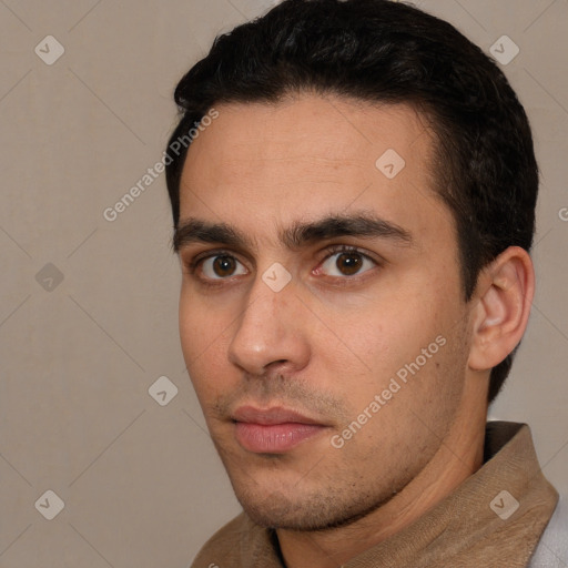 Neutral white young-adult male with short  brown hair and brown eyes