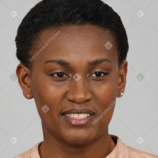 Joyful black young-adult female with short  brown hair and brown eyes