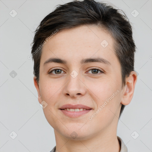 Joyful white young-adult female with short  brown hair and brown eyes