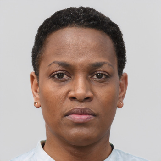Neutral black young-adult female with short  black hair and brown eyes