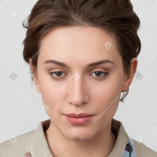 Neutral white young-adult female with medium  brown hair and grey eyes