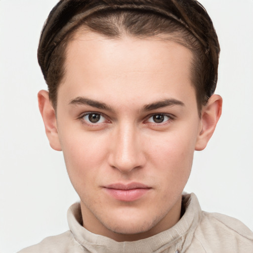 Neutral white young-adult male with short  brown hair and brown eyes