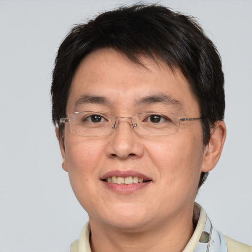 Joyful asian adult male with short  brown hair and brown eyes