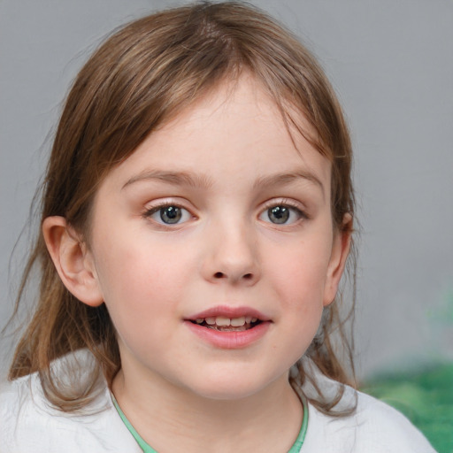 Joyful white child female with medium  brown hair and blue eyes